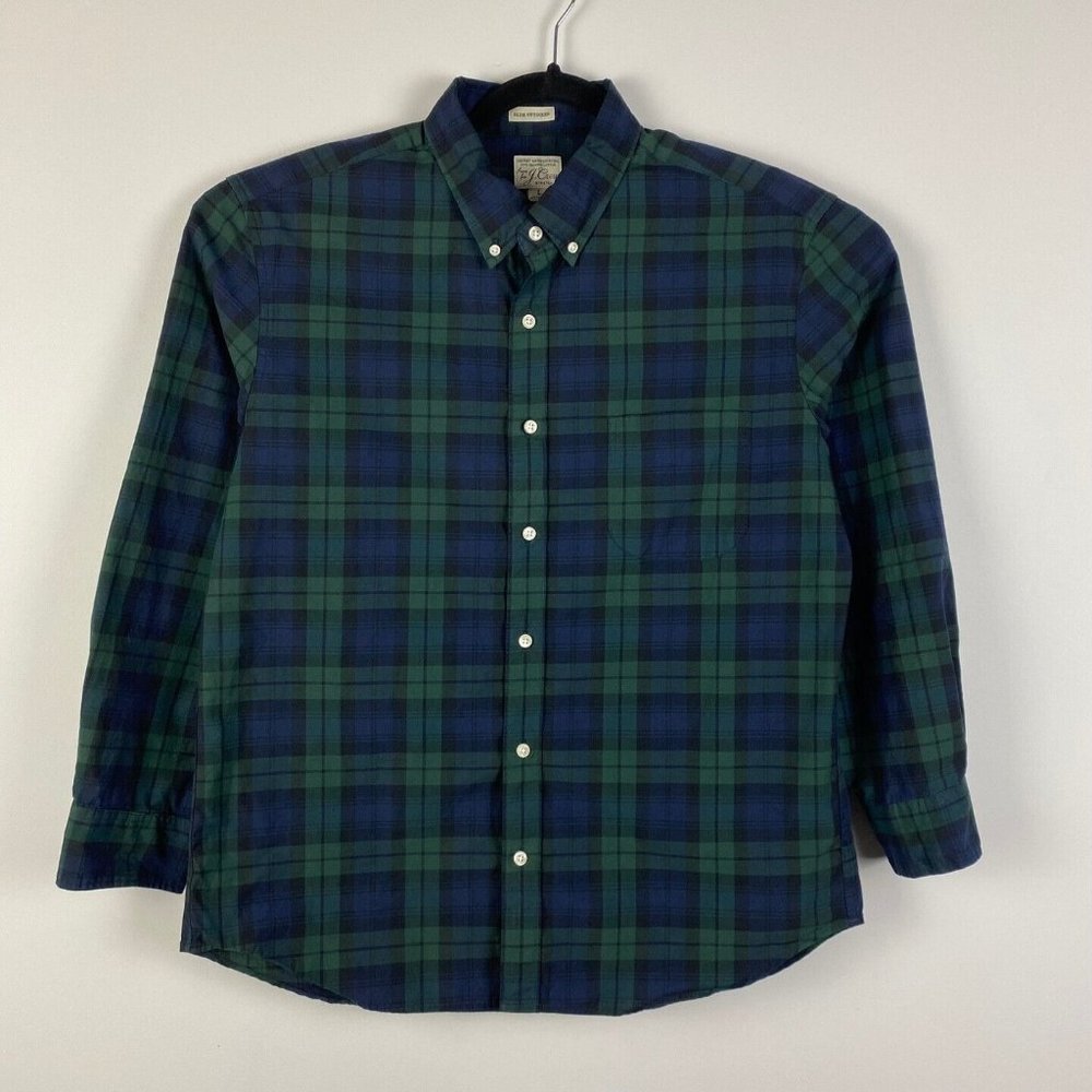 J Crew Shirt Adult Large Blue Green Button Up Slim Untucked Organic Casual Mens